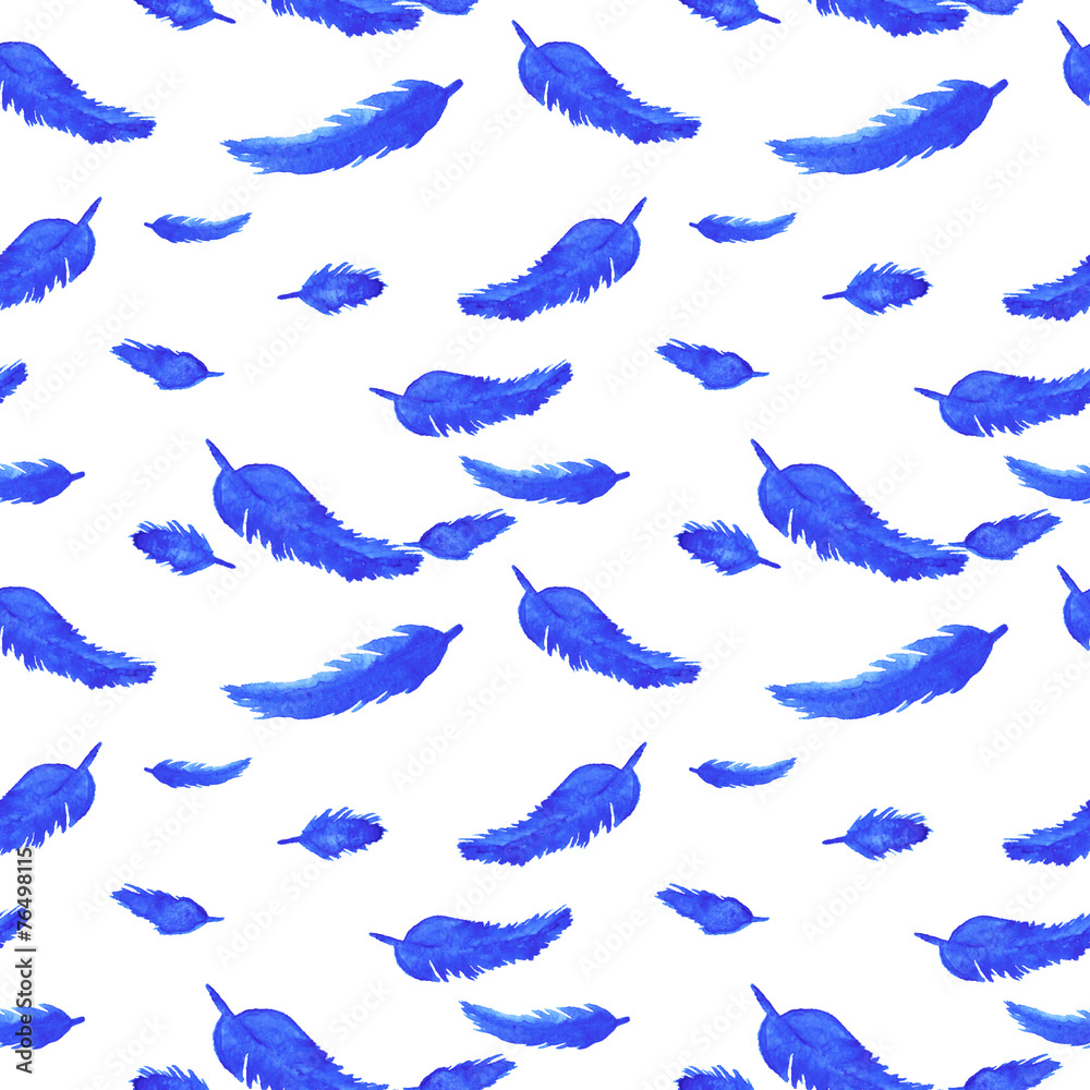 Fototapeta premium Blue feathers on white background seamless pattern