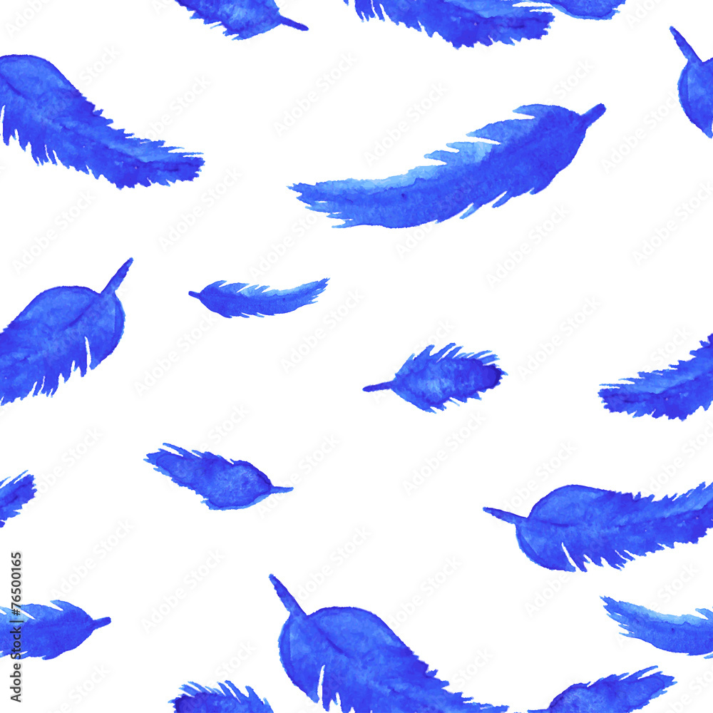 Obraz premium Blue feathers on white background seamless pattern