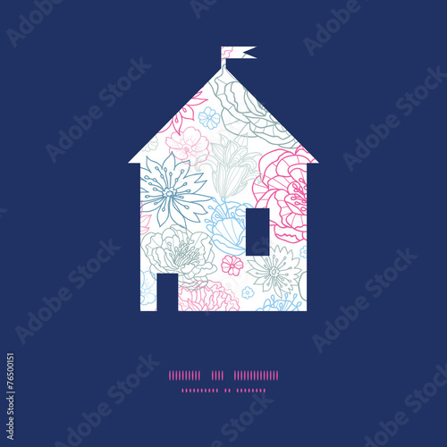 Vector gray and pink lineart florals house silhouette pattern