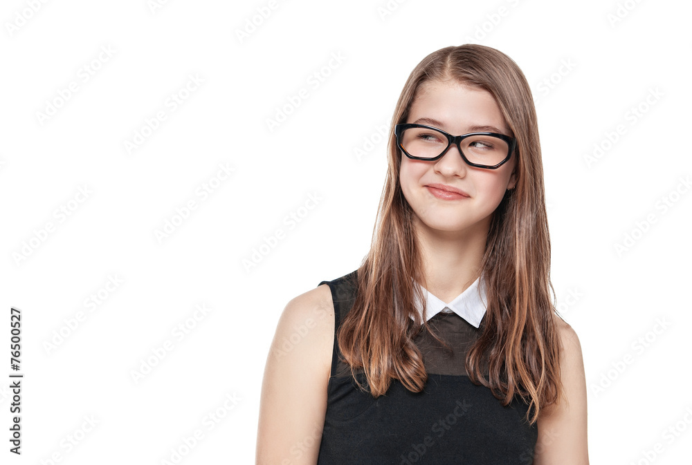Young fashion teenage girl in glasses looking on something Young fashion teenage girl in glasses looking on something