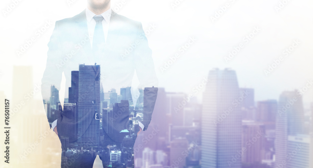 close up of businessman over city background