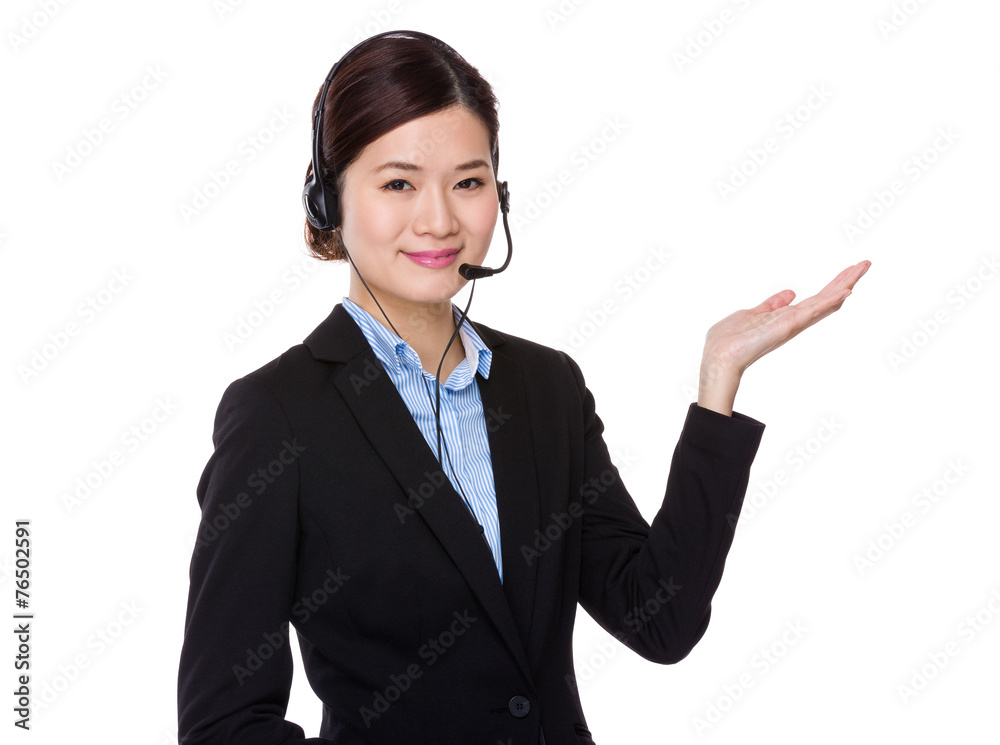 Customer services operator with open hand palm Customer services operator with open hand palm