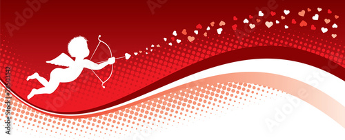 Valentine red banner with cupid shooting hearts