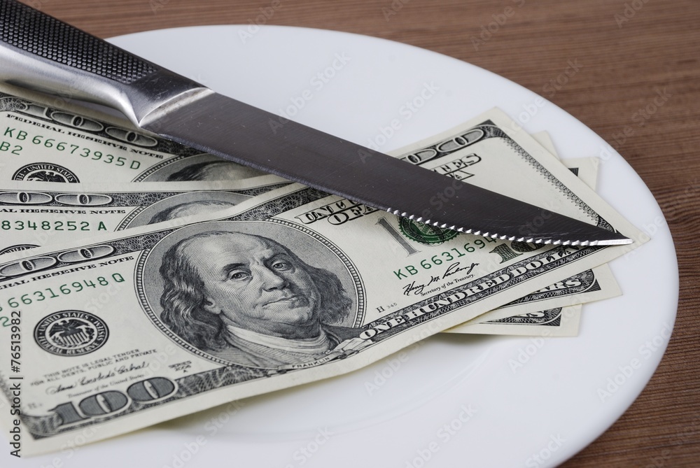 Dollar bank note money in the white plate