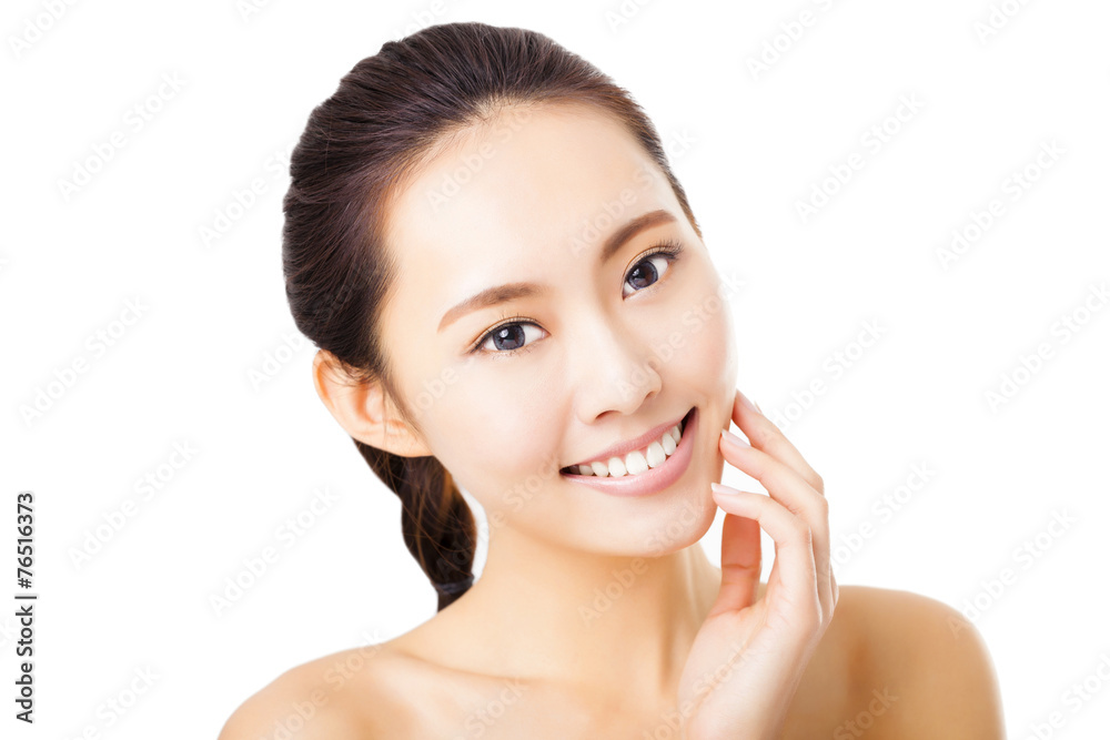 closeup smiling young woman face isolated on white closeup smiling young woman face isolated on white