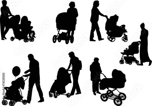 seven women and carriages silhouettes on white