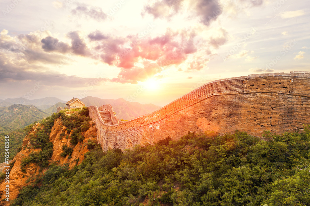 landmark of china,great wall during sunset