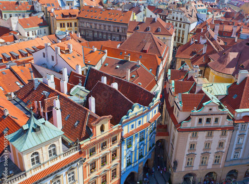 Top view on one of ancient streets of Prague, Czech Republic