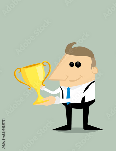 Happy Cartoon businessman with trophy