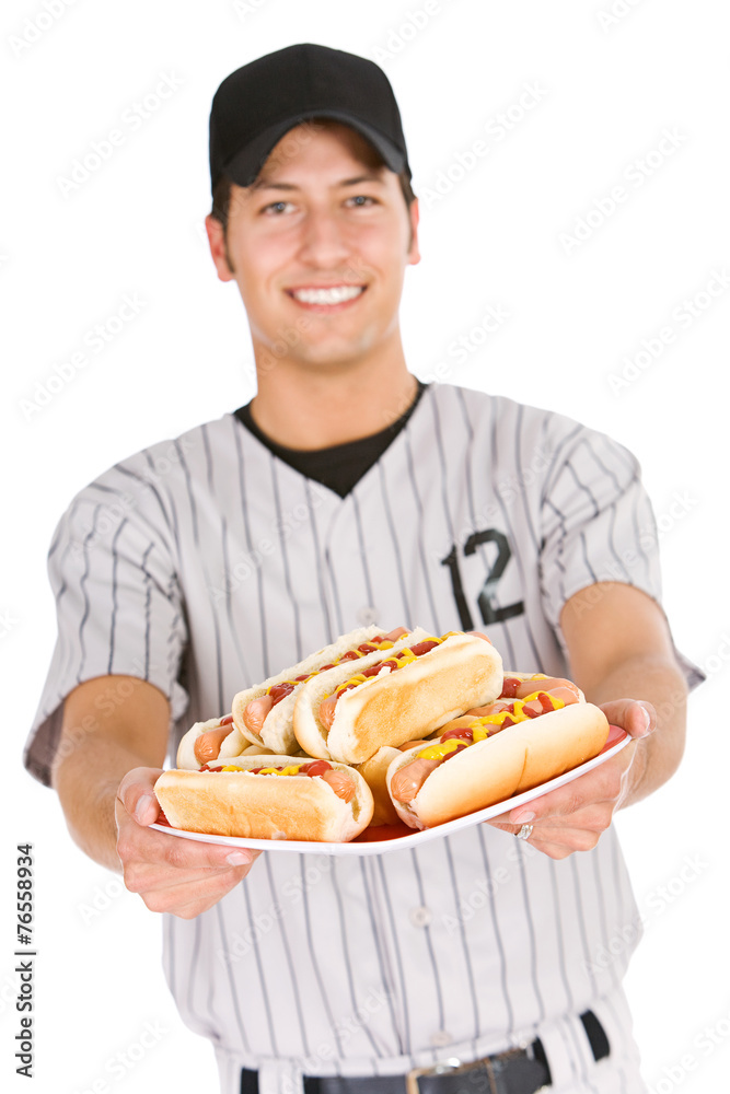 Baseball: Player Holding Plate of Hot Dogs Baseball: Player Holding Plate of Hot Dogs
