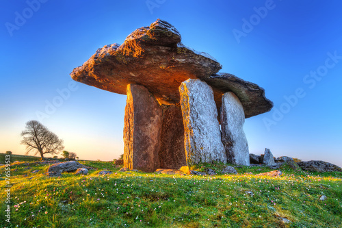 Poulnabrone portal tomb in Burren at sunrise, Ireland