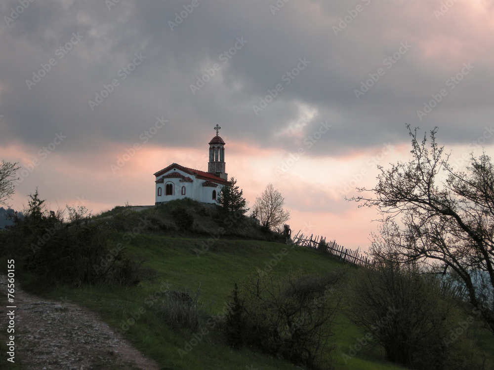 Twilight, Small Orthodox Church on a Mountain Peak