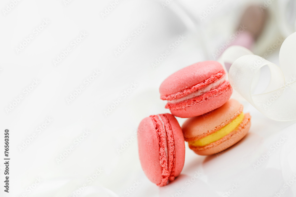 Fototapeta premium Colorful French pastry on a white background.