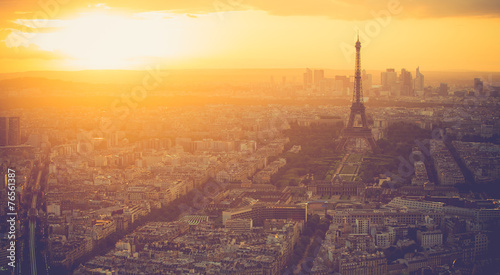 Sunset at Eiffel Tower in Paris with vintage filter