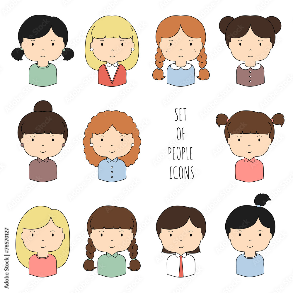 Set of colorful female faces icons. Funny cartoon hand drawn Set of colorful female faces icons. Funny cartoon hand drawn