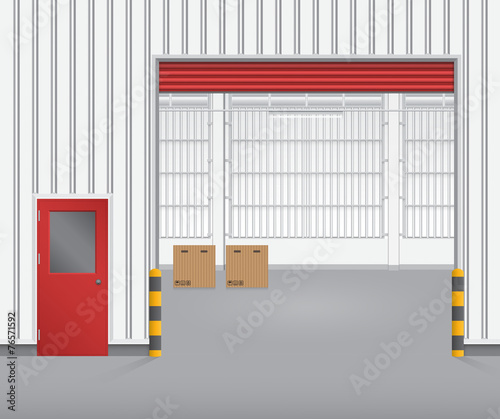 Storefront or shopfront is a facade or commercial building. Exterior with door and floor or entryway for retail shop or store. Protection with security shutter or roller door. Vector illustration.
