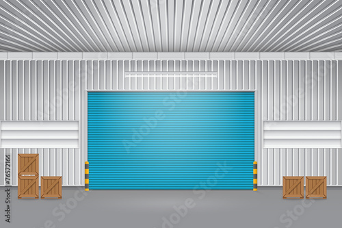 Roller door or roller shutter. Also called security door or security shutter. For protect residential, commercial and industrial building i.e. house, factory, warehouse, hangar. Vector illustration.