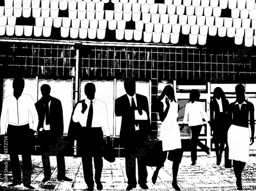 Illustration of people and buildings