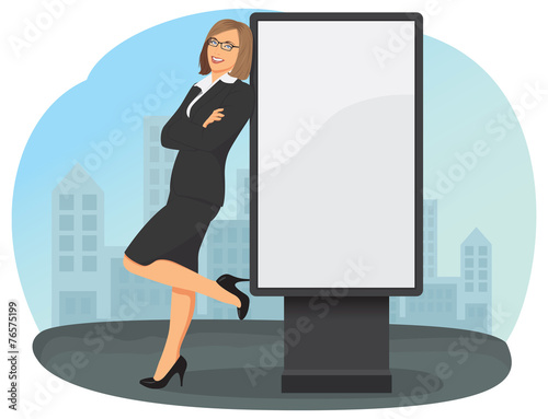 Smiling businesswoman is leaning on a blank billboard