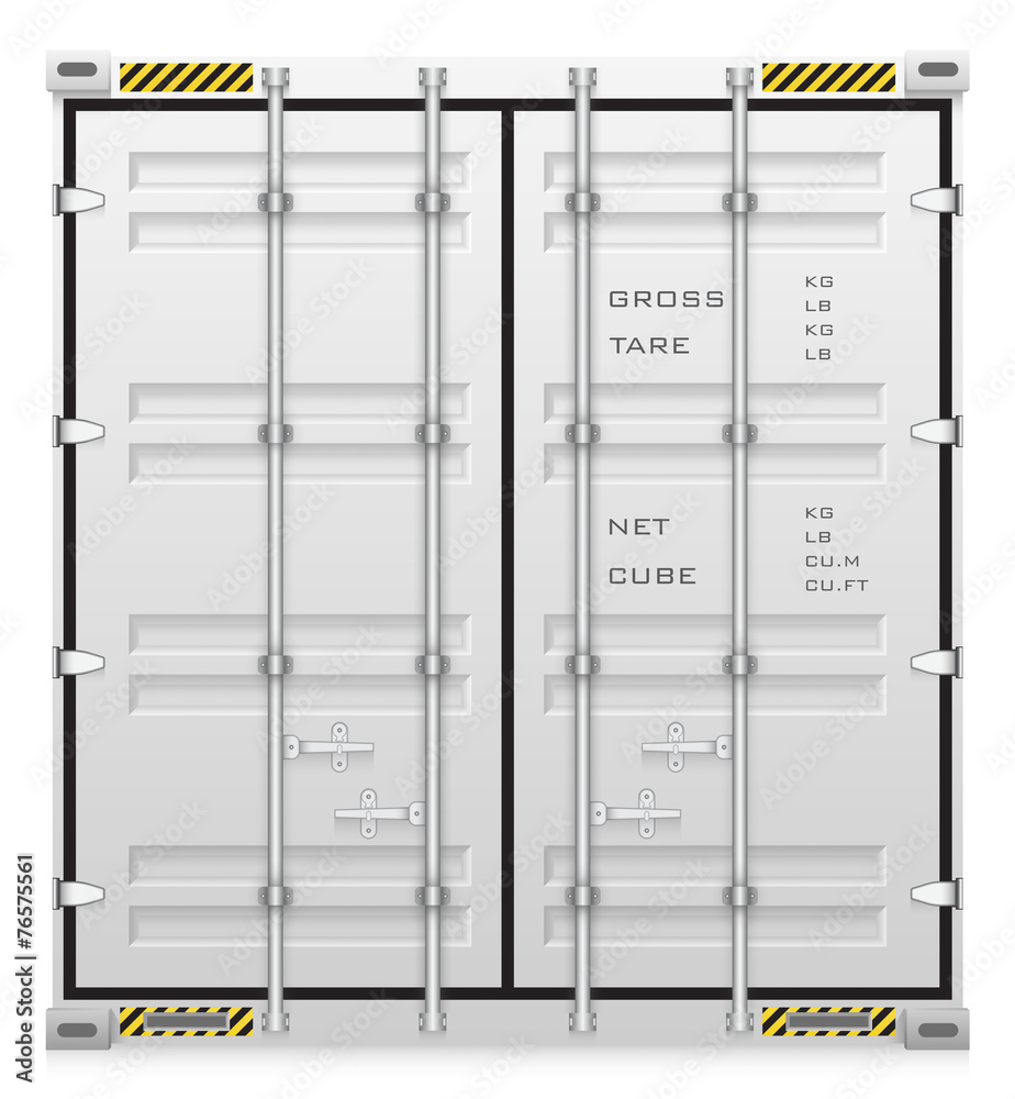 Fototapeta premium Cargo container vector isolated on white background. Metal box or equipment for storage at dock, port, warehouse. Freight transport by ship, crane, trailer truck for shipping, import export business.