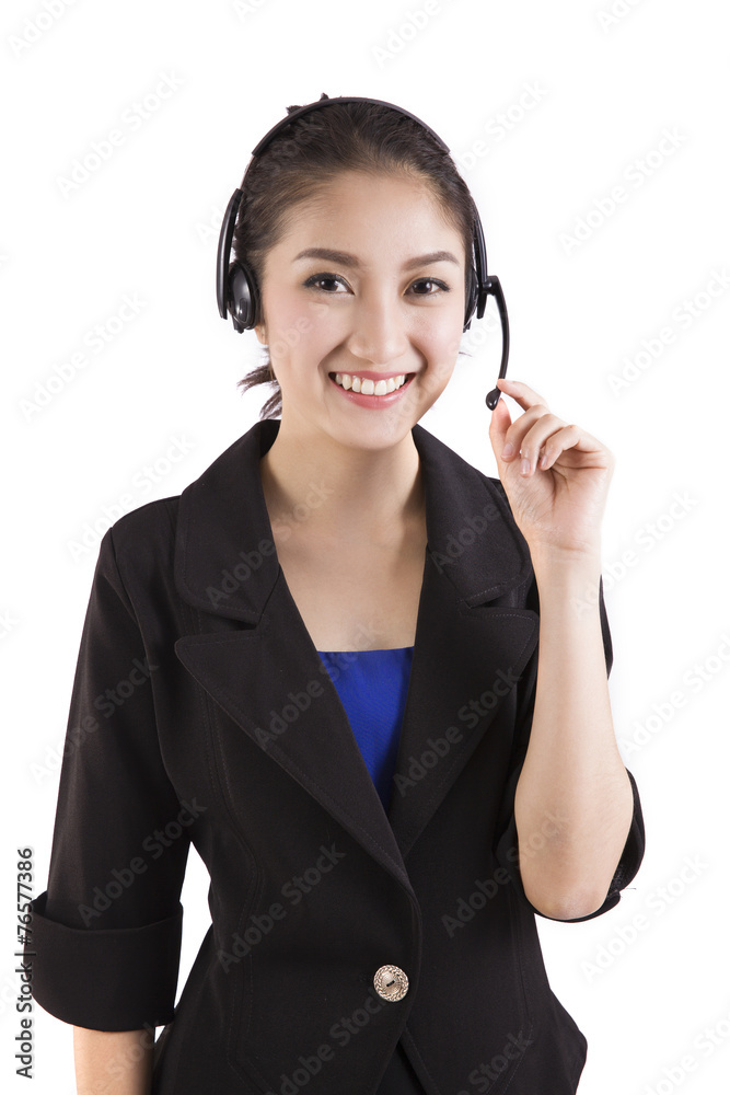 Asian women call center with phone headset with white background Asian women call center with phone headset with white background