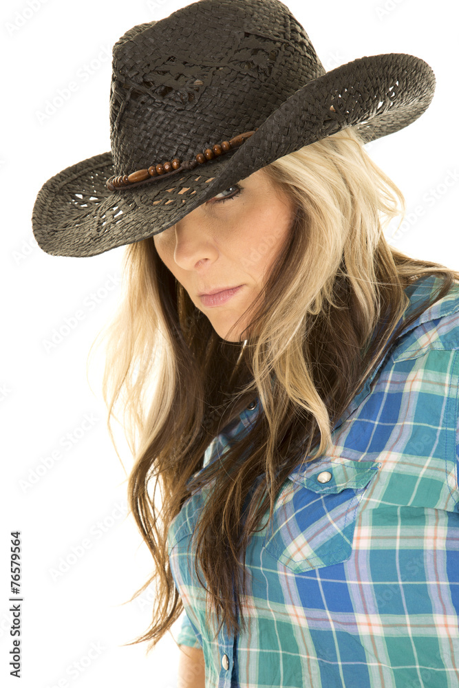 cowgirl blue shirt black hat close look cowgirl blue shirt black hat close look
