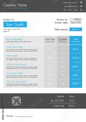 Invoice template - blue and grey with big item tab
