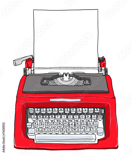 red vintage typewriter with paper cute art painting  illustratio