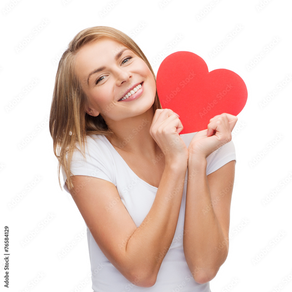 smiling woman in white t-shirt with heart smiling woman in white t-shirt with heart