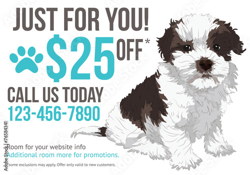Dog grooming postcard advertisement with cute puppy and coupon