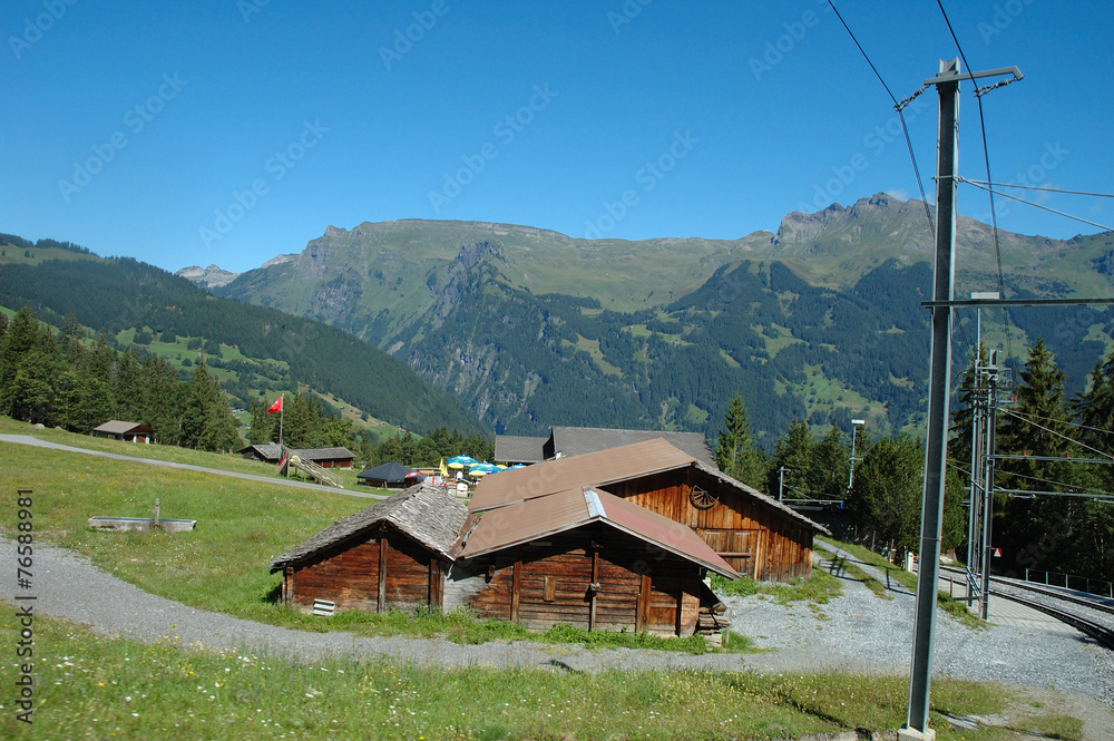 Peaks, wooden buildings and railway tracks nearby Grindelwald.