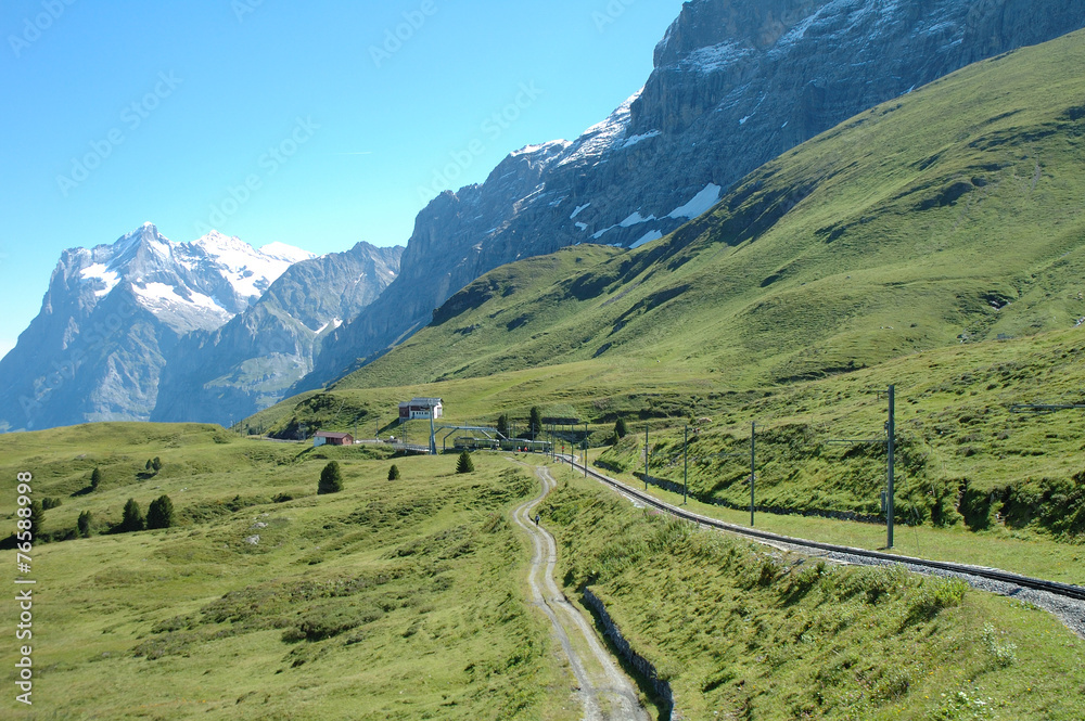 Peaks and railway tracks nearby Grindelwald in Switzerland
