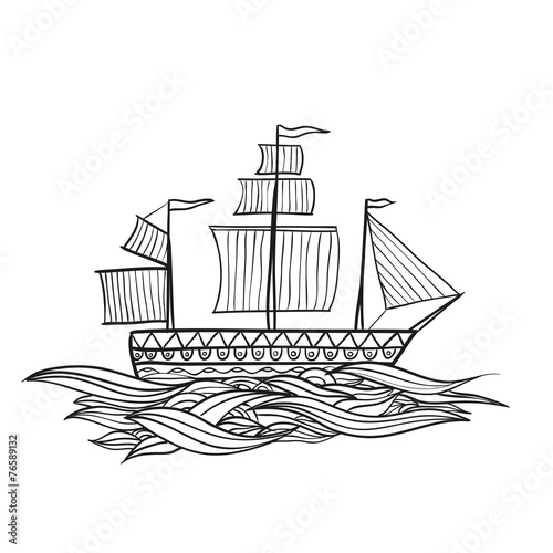 Retro ship - hand drawn vector illustration