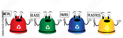 Colored trash bins  with eyes and hands