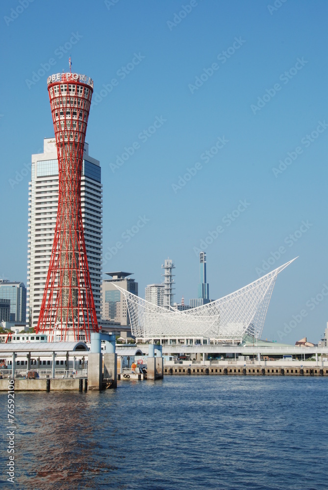 Naklejka premium A view of Kobe harbor with Port of Kobe tower in Japan