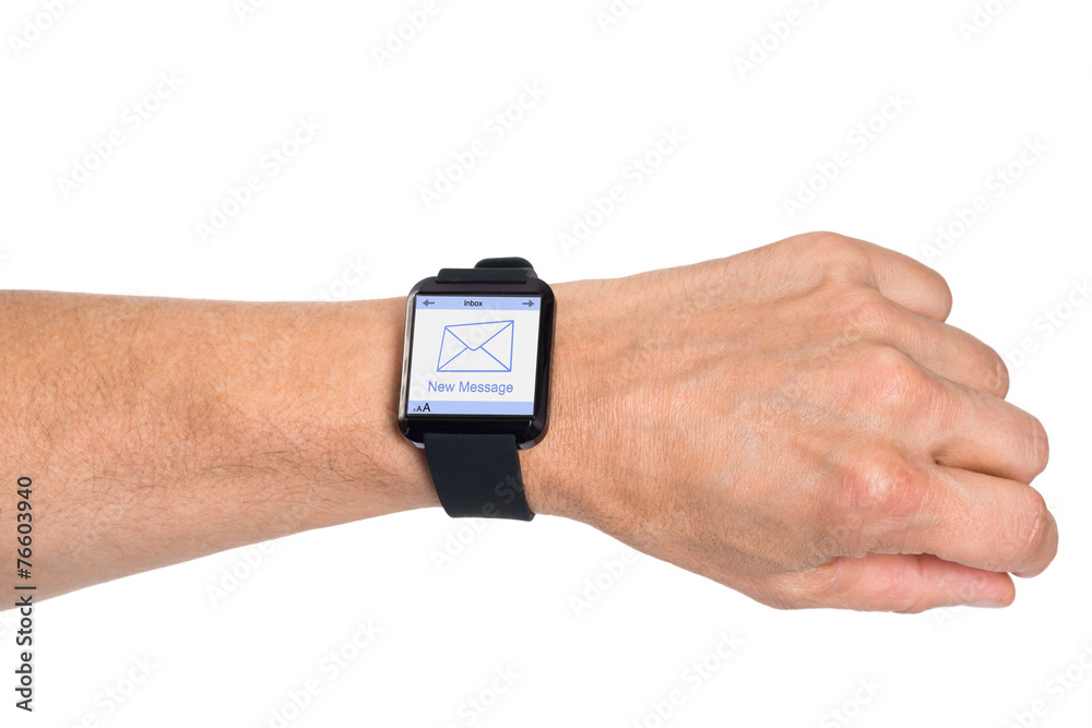 Hand Wearing Smartwatch Showing New Message Hand Wearing Smartwatch Showing New Message