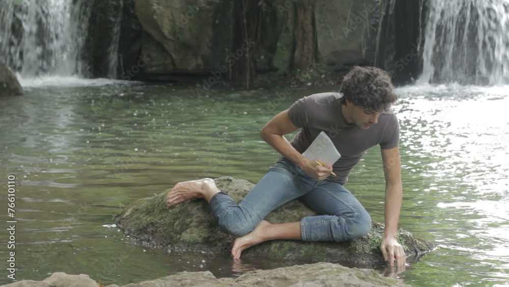 boy are taking samples of ground of the lake bottom - terrain -soil ...