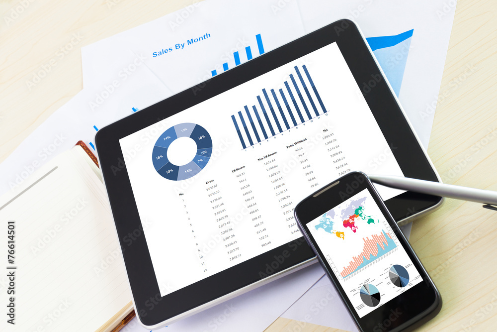 digital tablet and smartphone with financial chart report, paper digital tablet and smartphone with financial chart report, paper