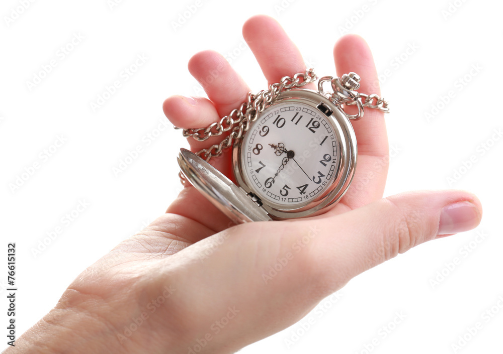 Silver pocket clock in hand isolated on white Silver pocket clock in hand isolated on white