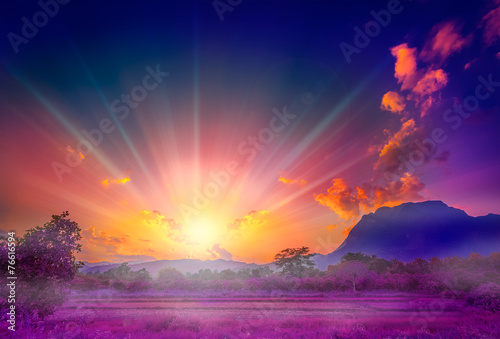 purple sunset brightly mountain landscape countryside