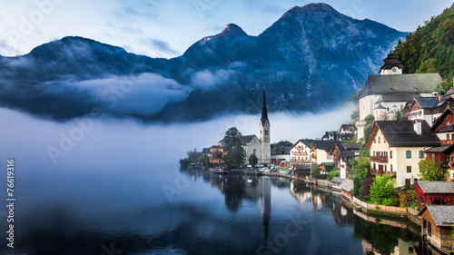 Sunrise in misty Hallstatt