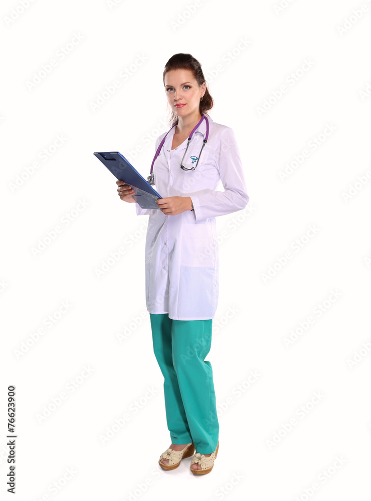 Smiling female doctor with a folder in uniform standing at Smiling female doctor with a folder in uniform standing at