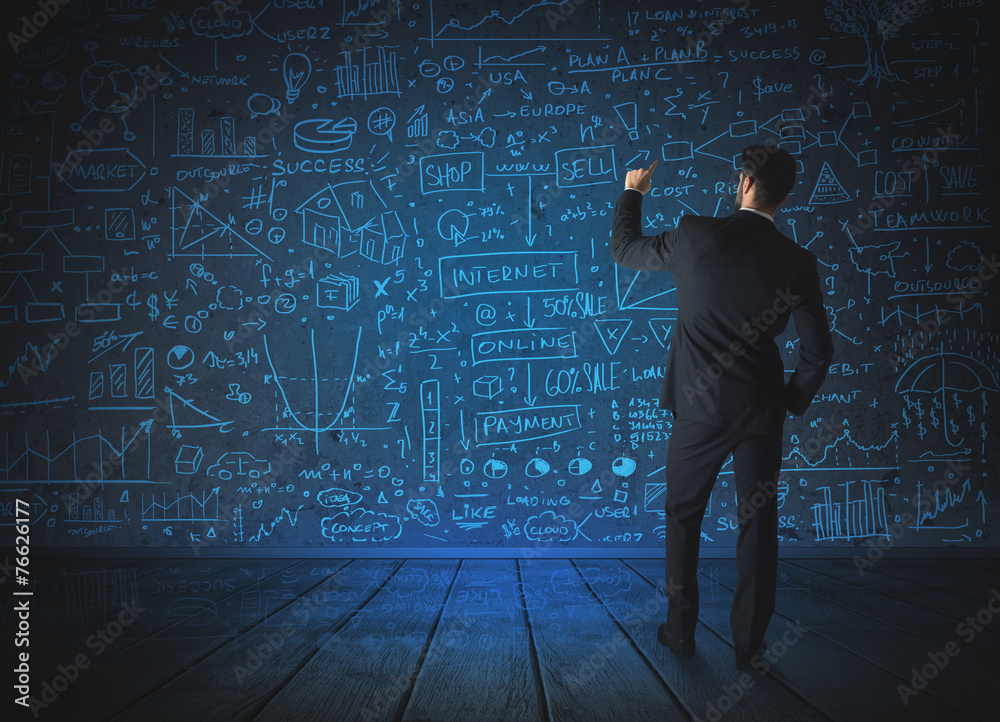 Drawing businessman with economy project background Drawing businessman with economy project background