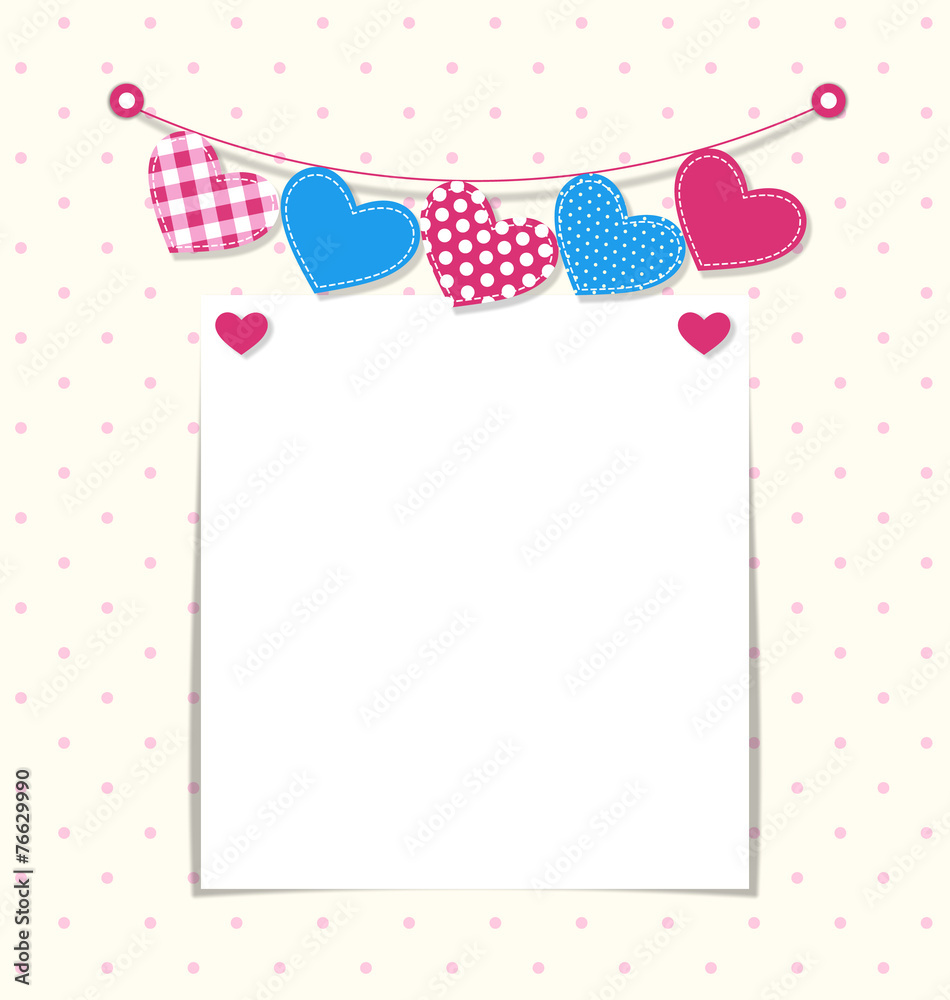 Paper frame with stitched hearts buntings garlands on white back Paper frame with stitched hearts buntings garlands on white back