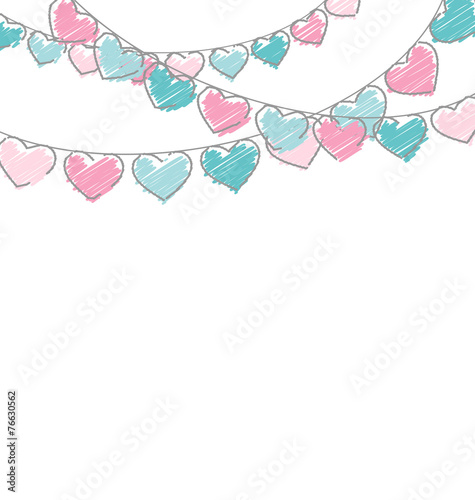 Hand-drawn hearts buntings garlands in pastel colors on white ba