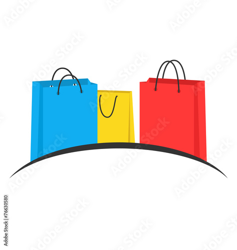 Three multicolored shopping bags like emblem isolated on white b