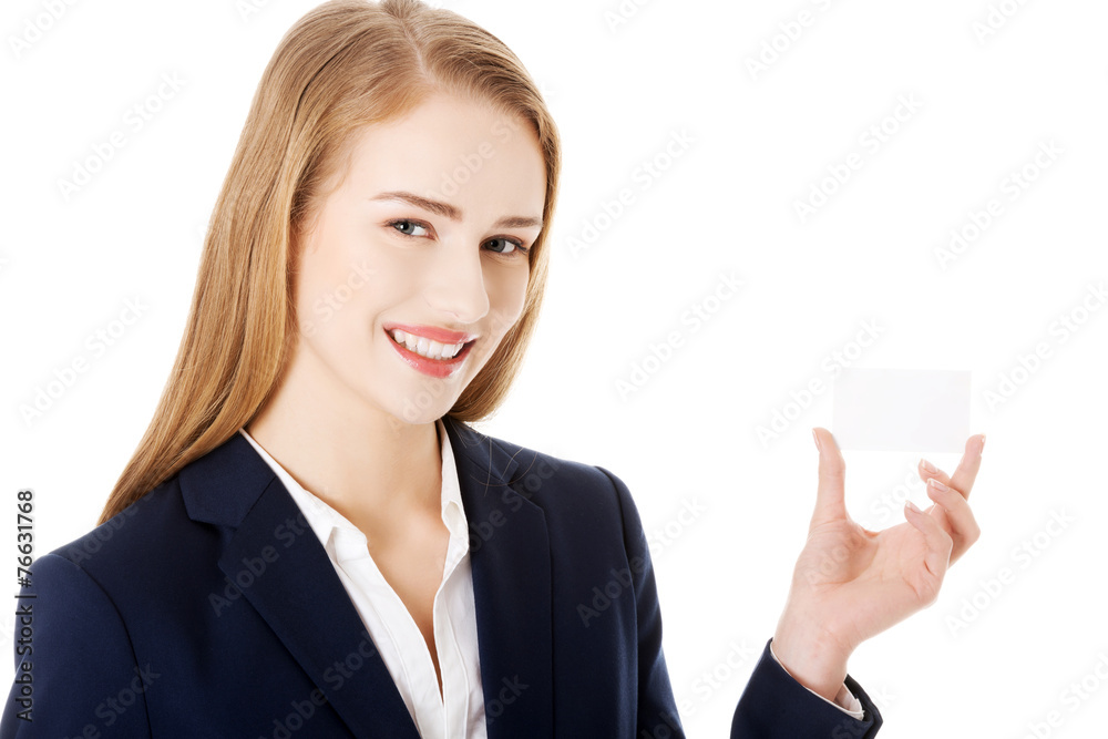 Beautiful smiling businesswoman with businesscard Beautiful smiling businesswoman with businesscard
