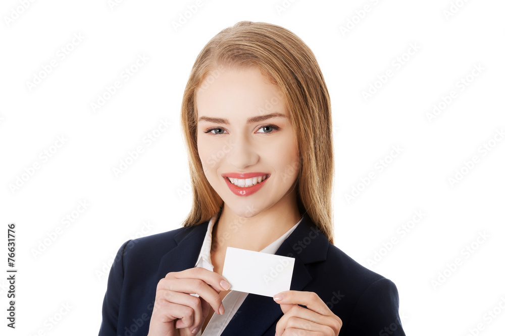 Beautiful smiling businesswoman with businesscard Beautiful smiling businesswoman with businesscard