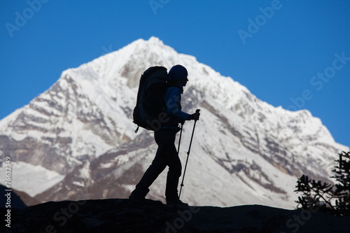 Hiker on the trek in Himalayas, Khumbu valley, Nepal © Maygutyak