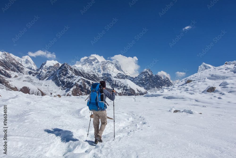 Hiker on the trek in Himalayas, Khumbu valley, Nepal